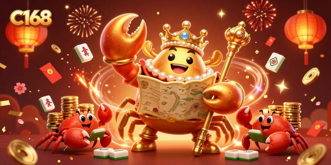 Experience the grandeur of C168 with a golden crab emperor amidst dazzling gambling elements.