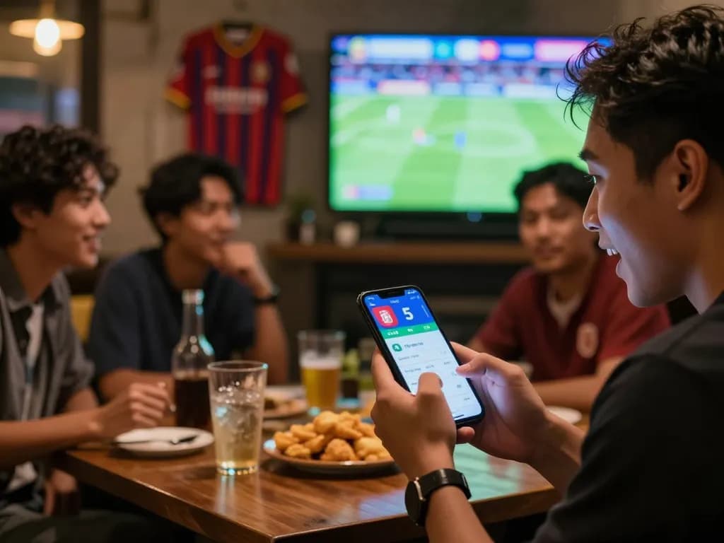Check the tỷ lệ kèo nhà cái 5 on a mobile app with friends during a sports match
