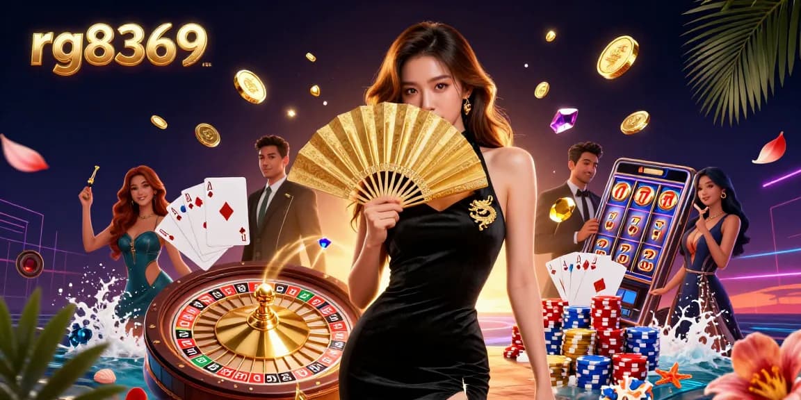 Experience thrilling casino action with rg8369, featuring a stunning Asian woman surrounded by gold coins and roulette.