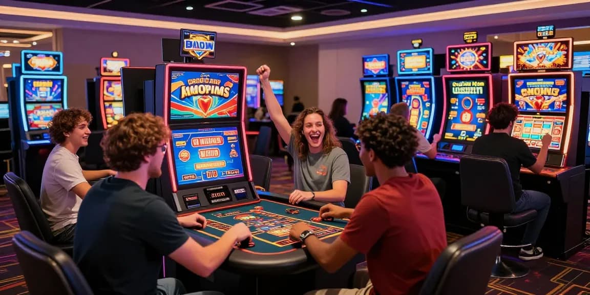 Exciting atmosphere at credit card casinos with players engaging in live dealer games and colorful slot machines.