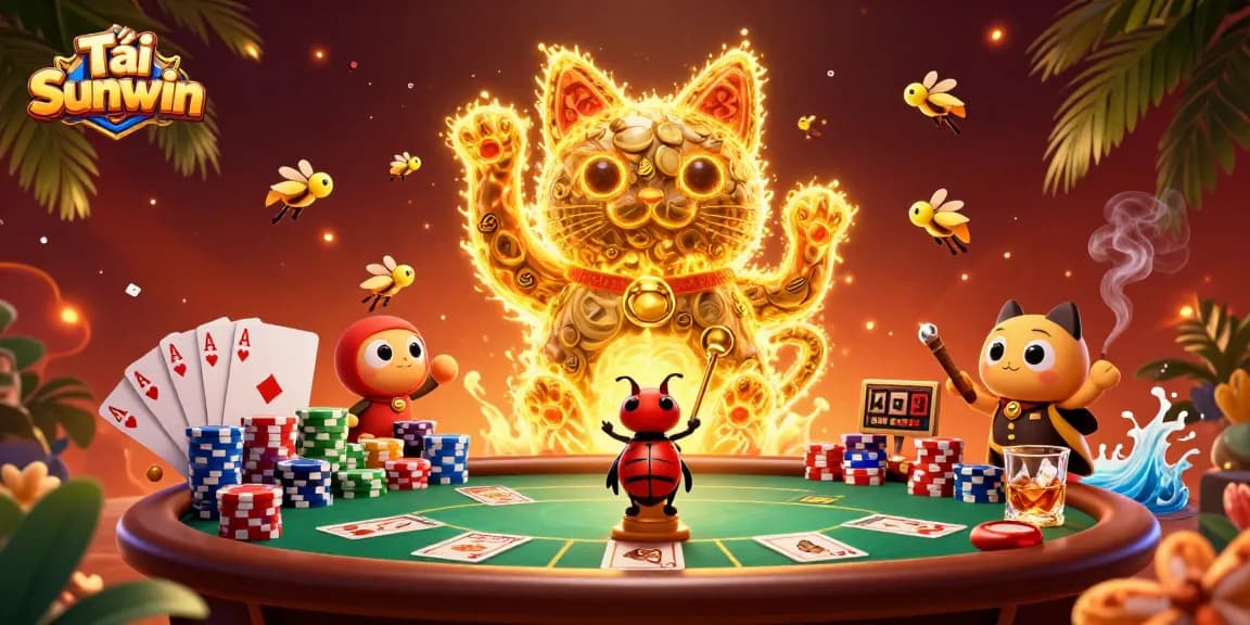 Engage with Tải Sunwin's thrilling casino experience through a dynamic illustration featuring a vibrant lucky cat and poker elements.