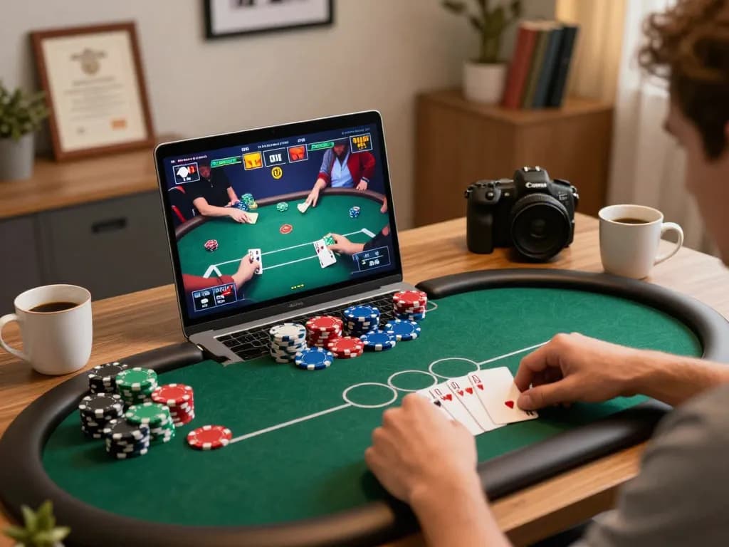 Engaged players strategizing in an online F168 poker game at home, showcasing relaxed atmosphere.