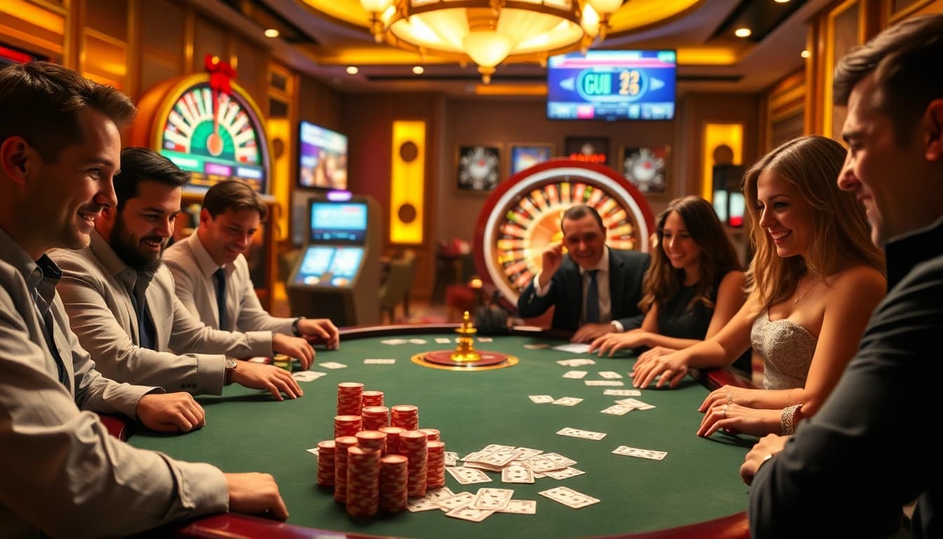 Engaged players betting at a G28-themed casino table amidst vibrant slots and luxurious decor.