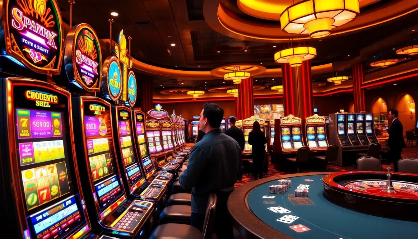 Player enjoying slot machines amidst vibrant casino atmosphere with poker chips and roulette table.