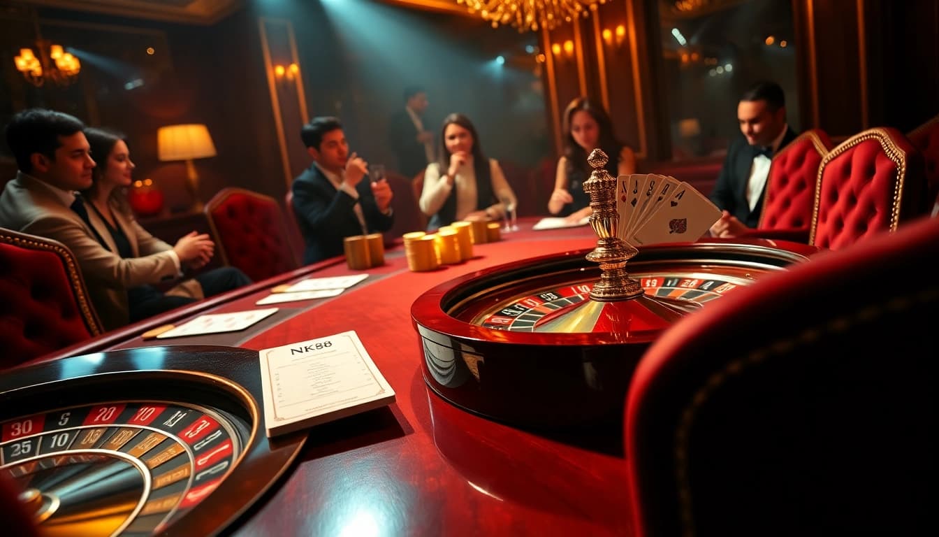 High-stakes gambling scene showcasing NK88 branded poker table with luxurious atmosphere.