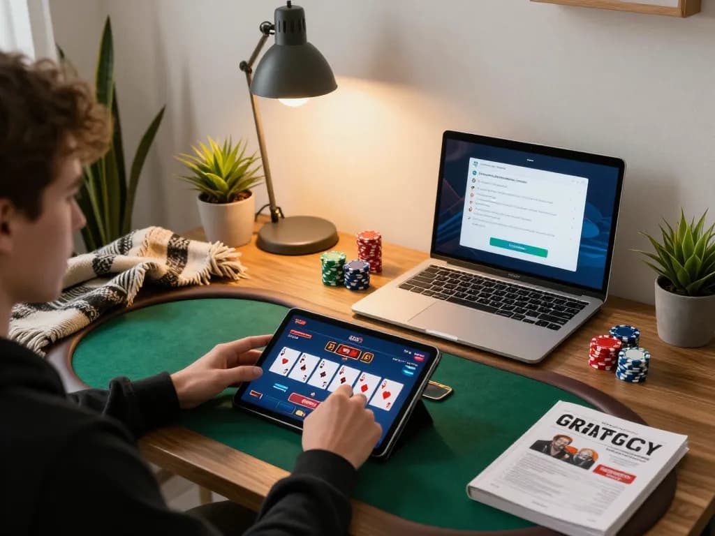 Player enjoying poker on their tablet while using the webtransportdeal app for strategic gameplay.