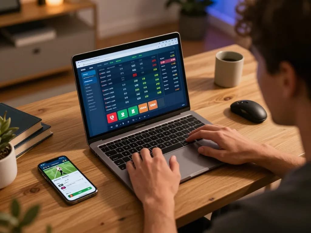 Person analyzing ty le keo nha cai on a laptop during an online sports betting session at home
