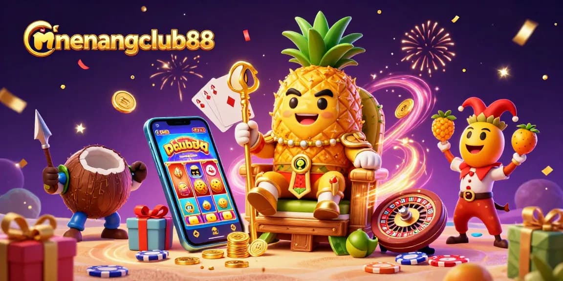 Experience the excitement of menangclub88 with vibrant casino elements featuring a golden pineapple king and festive atmosphere.