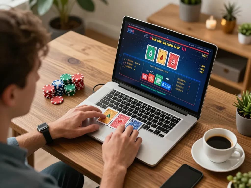 GO88 online player engaging with live dealer game at home, showcasing strategic gaming atmosphere.