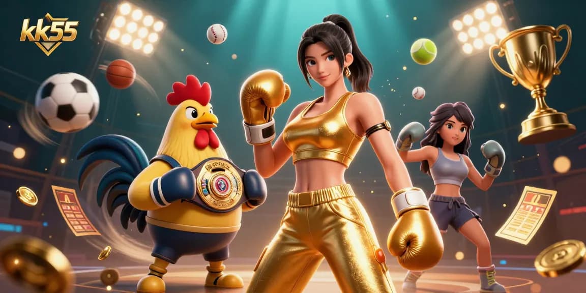 Bet on kk55 with a powerful casino scene featuring a championship rooster and dazzling gold elements.