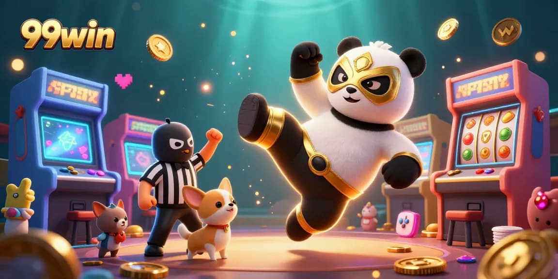 Experience the excitement of 99win with vibrant gaming elements and action-packed characters in a lively casino scene.