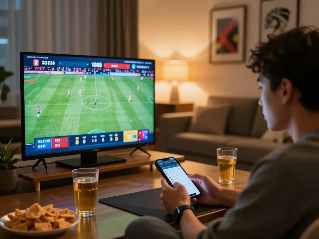 Engaging sports betting action on xo88 app in a cozy living room setting, showcasing excitement and strategy.