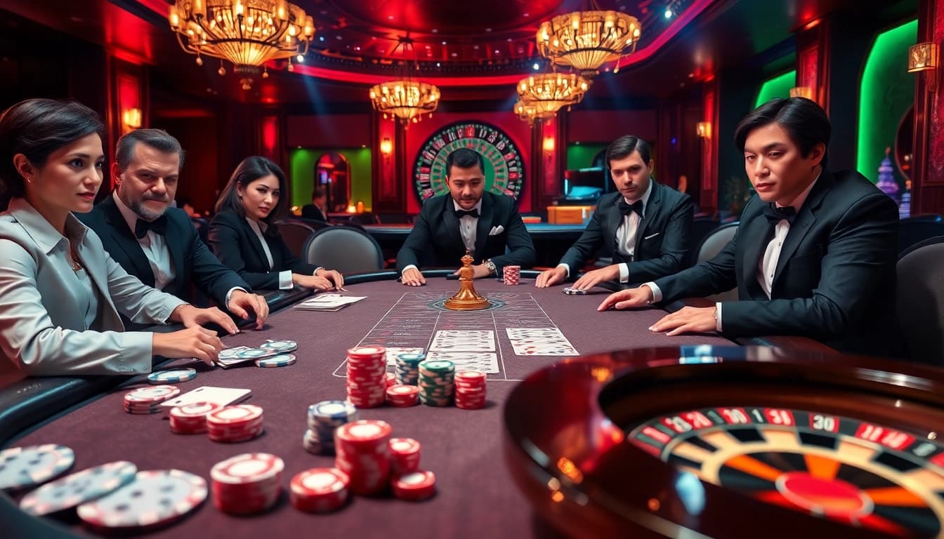 Engage in exciting poker at https://j88.gives/ with a luxurious casino backdrop, colorful chips, and intense players.