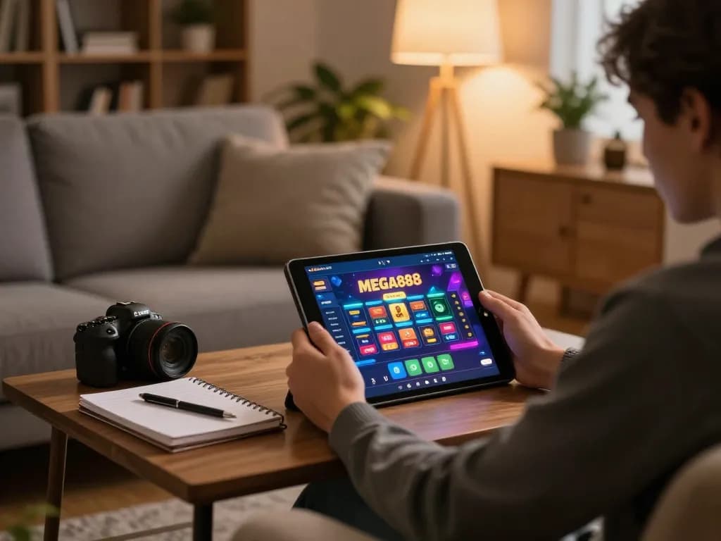 Engaging scene of a user accessing Mega888 app on tablet in a cozy living room setting, emphasizing responsible gambling through strategy.