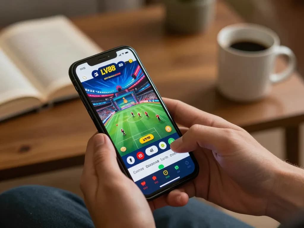 Person engaging in mobile sports betting using the LV88 app in a cozy setting