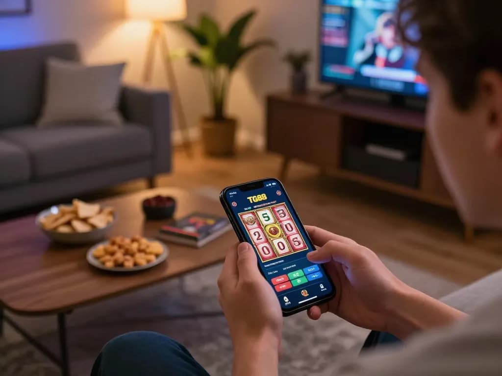 TG88 user engaging with casino app, spinning reels, in a cozy home setting