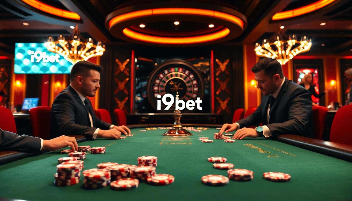 Experience thrilling poker action at i9bet with professional players and vibrant casino elements.
