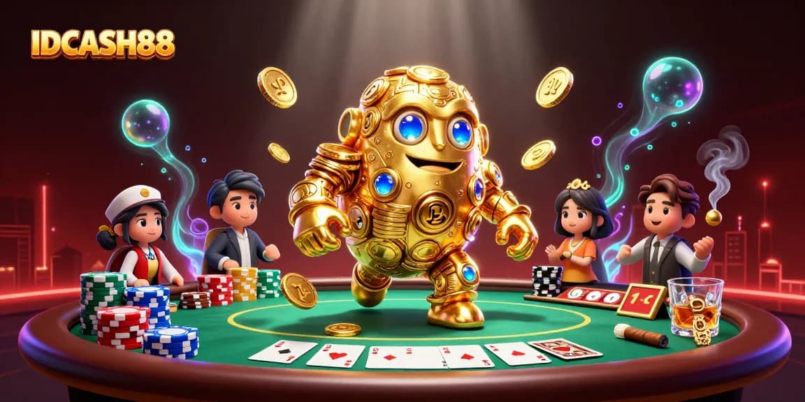 IDCASH88 offers a vibrant casino experience with animated golden golem and poker elements.