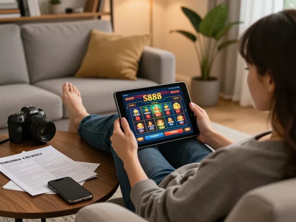 S888 online casino gaming on a tablet in a cozy home setting, showcasing responsible entertainment.