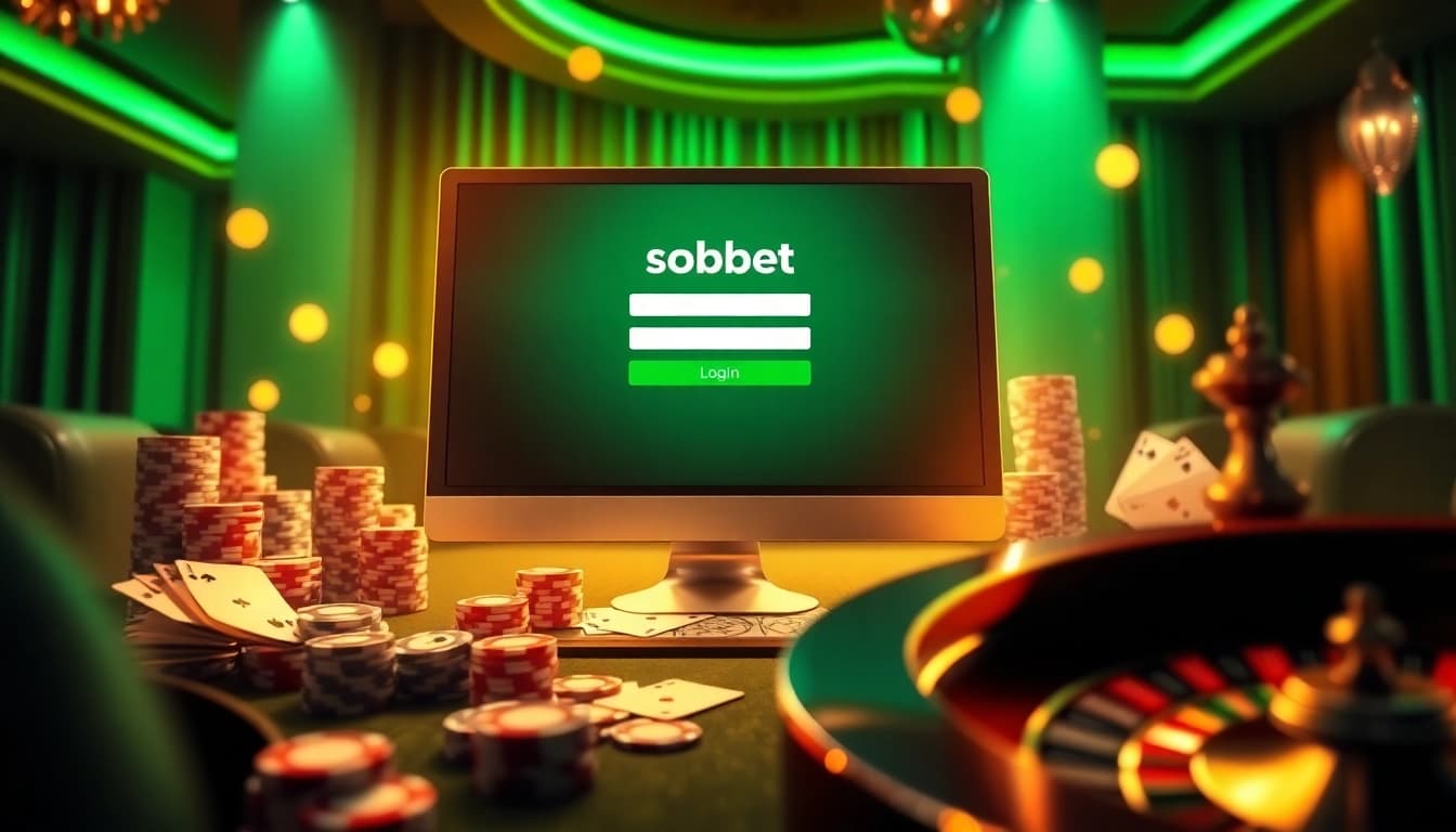 Engage with sbobet link login for top online betting excitement, featuring a vibrant casino scene of poker chips and cards.