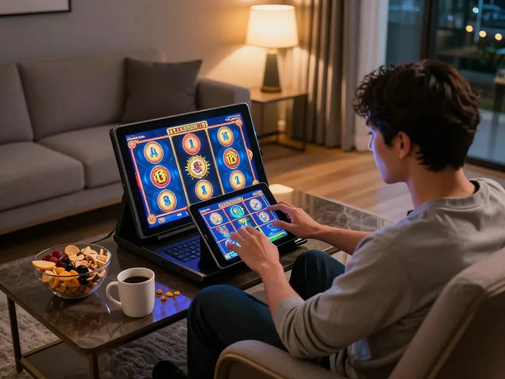 Engaging in online slots on luck8 com in a cozy home setup with snacks and coffee.