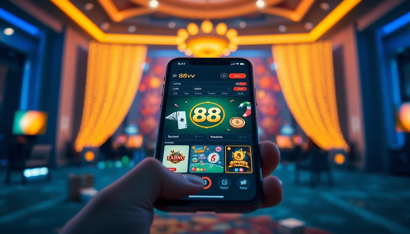 88vv online gambling platform showcasing a modern app interface with gaming elements.