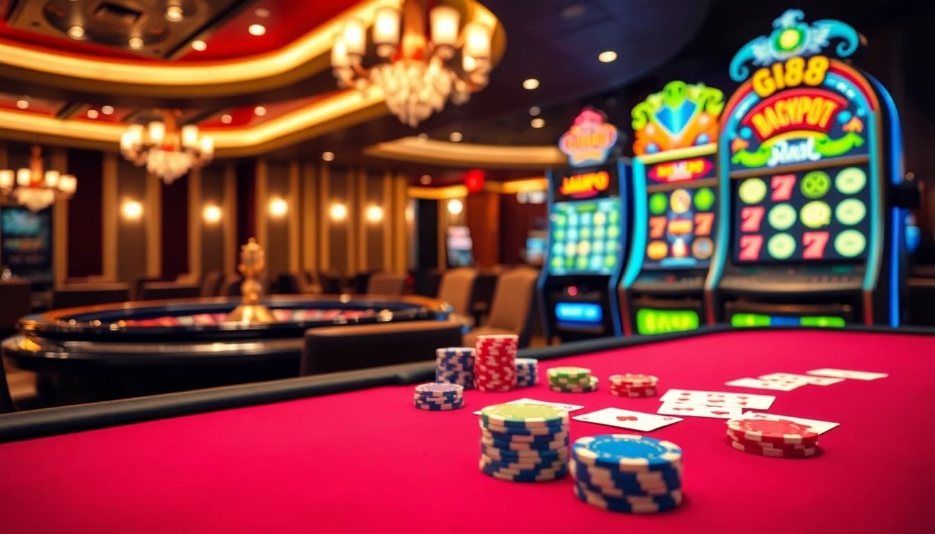 Engaging gi88 poker scene with luxury chips and vibrant roulette wheel enhancing the gameplay experience.
