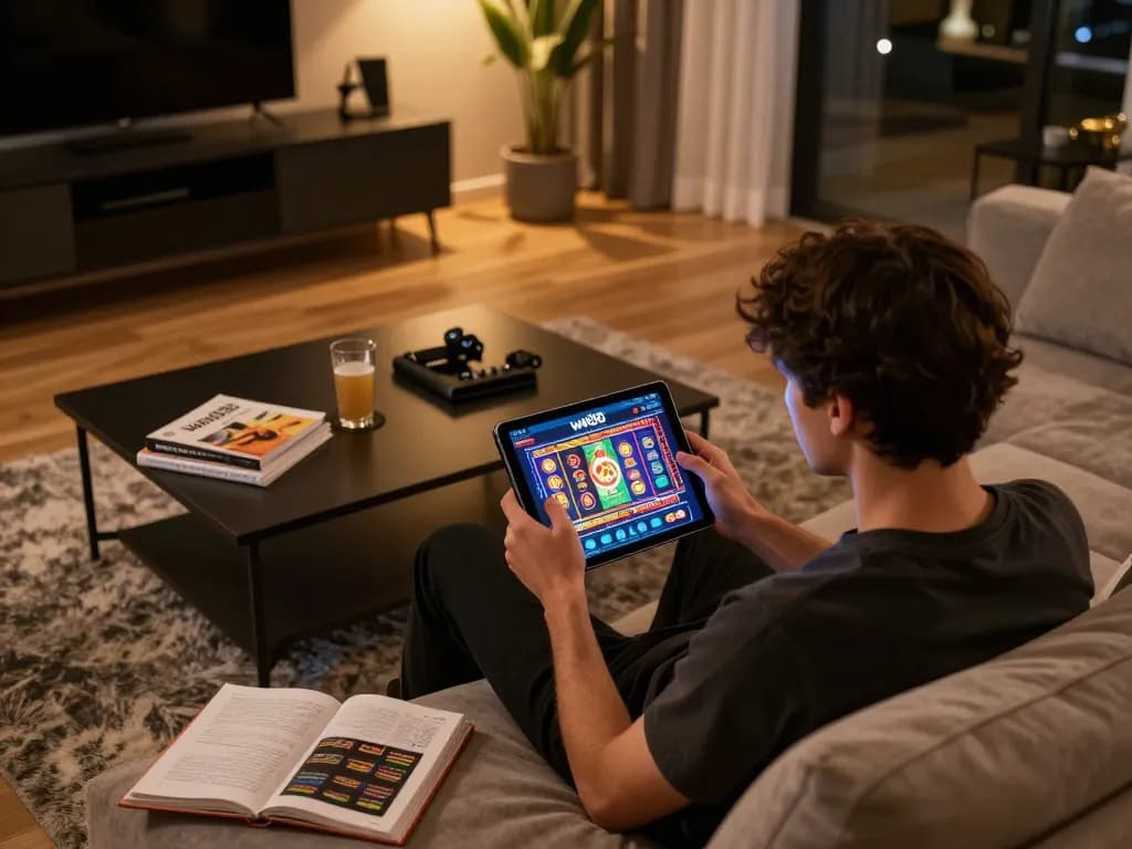 Engaging in online gaming on ww88 using a tablet in a stylish home setting, showcasing a cozy and strategic environment
