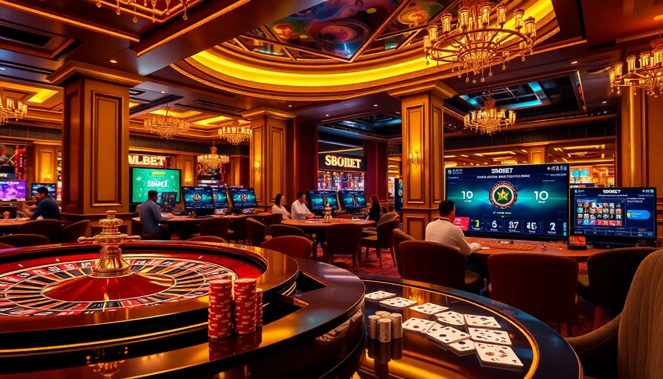 SBOBET players engaging in exciting online casino activities with dice, cards, and vibrant atmosphere.