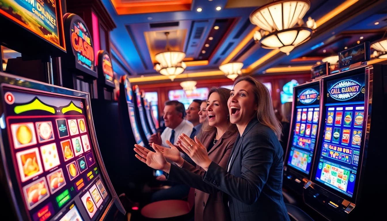 Engaging scene with players enjoying uvip娛樂 slot machines at a lively casino atmosphere.