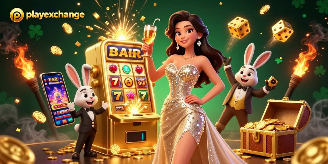 Engage in thrilling action with playexchange while enjoying a dynamic scene of a glamorous woman celebrating beside a golden jackpot machine.