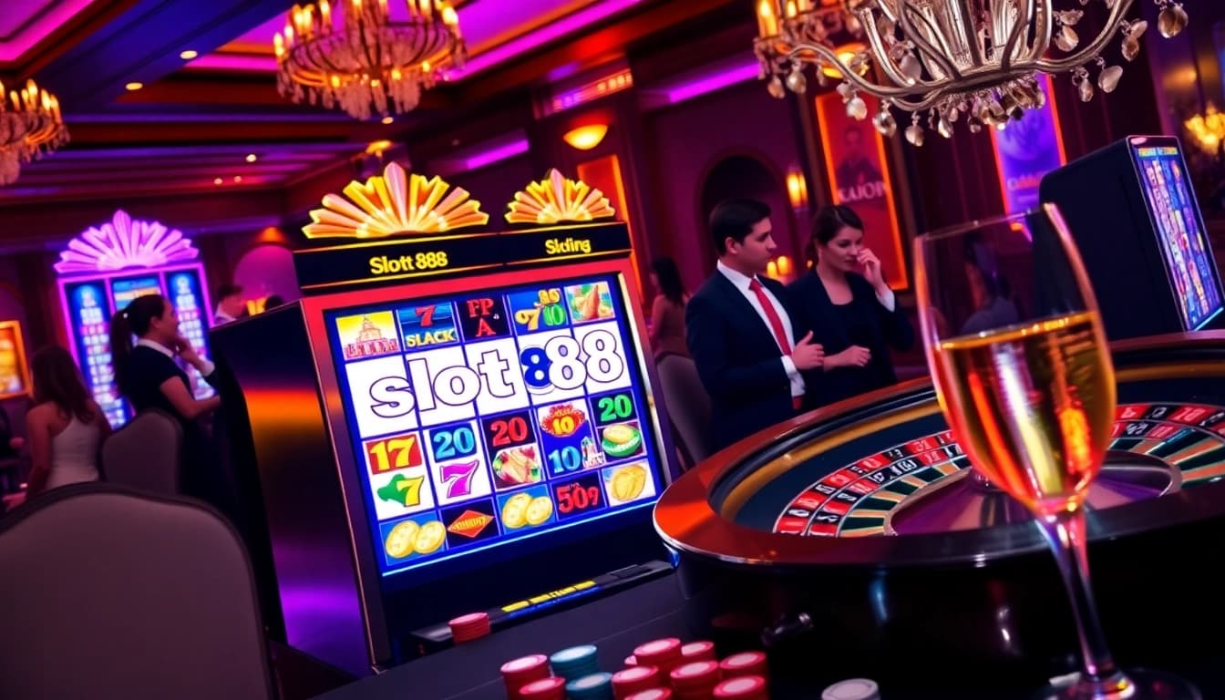 Pemain menikmati kegembiraan di mesin slot88 di lingkungan kasino yang mewah.