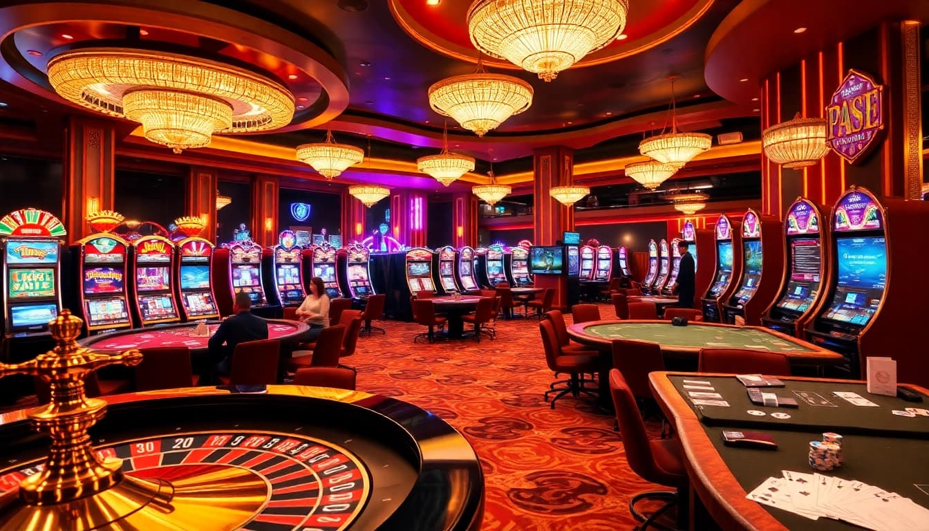 Exciting casino atmosphere with elegant players at 789P tables, vibrant games, and engaging roulette.