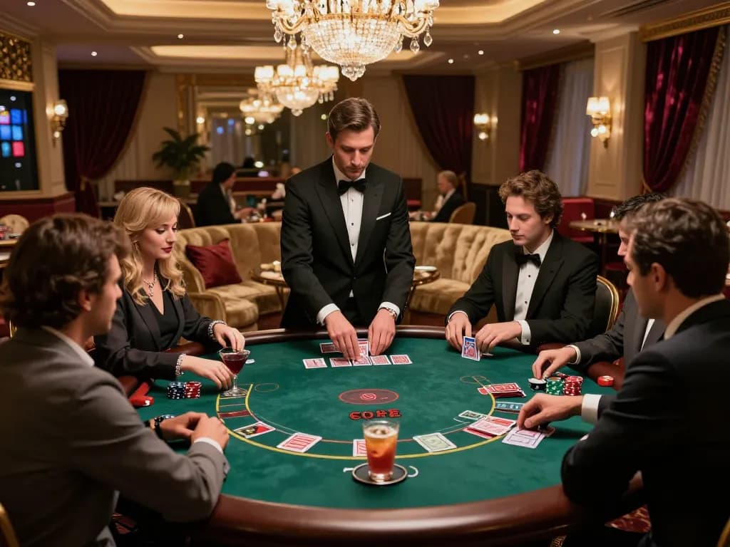 Players engaging at the exclusive NK88 blackjack table in a luxurious casino environment, highlighting strategic gameplay.