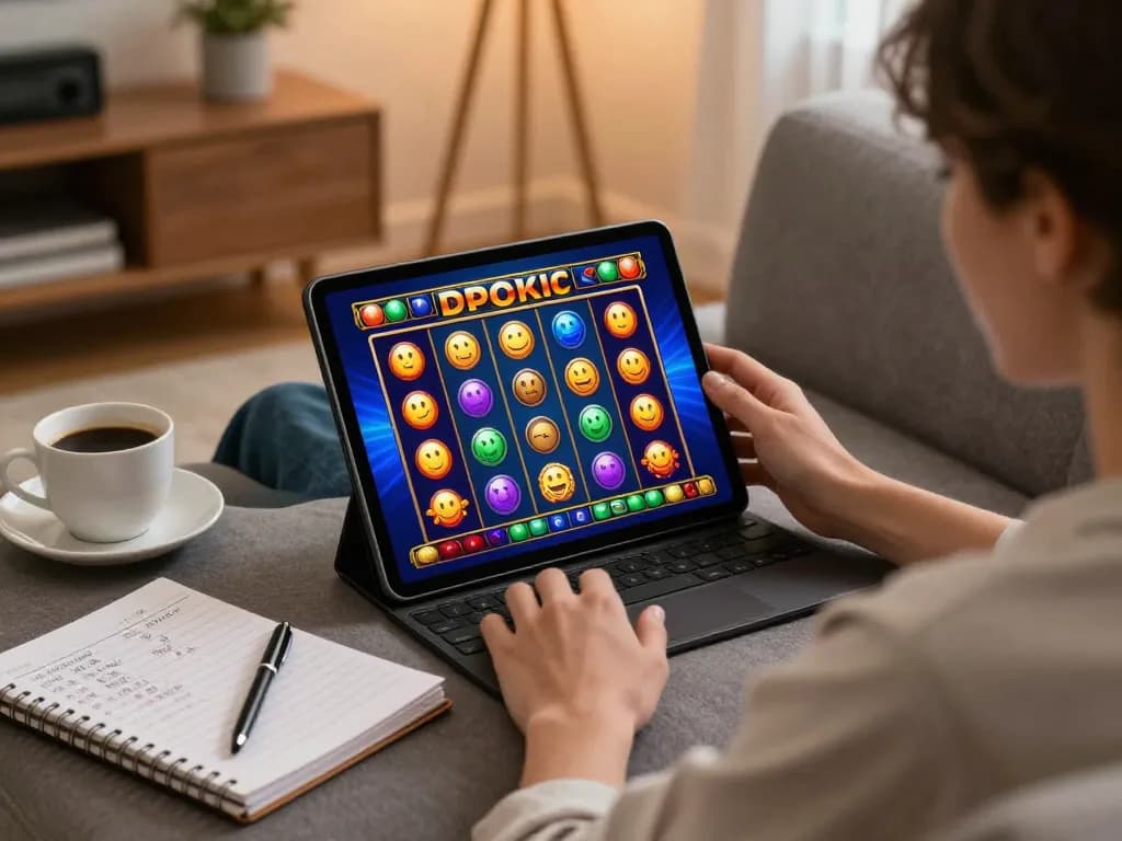 Engaging with a Slot Demo on a tablet in a cozy home environment, emphasizing responsible gaming.