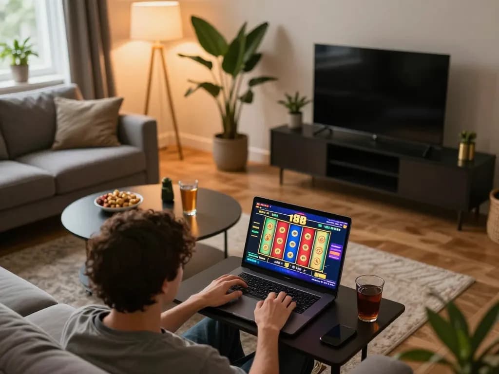 Engaged player enjoying to188 slots on a laptop in a cozy home setting with snacks and warm lighting