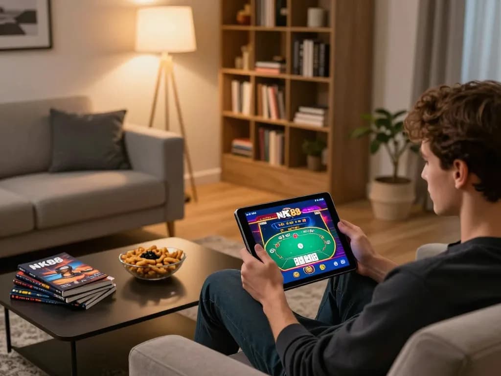 Person engaging with NK88 online casino app on a stylish tablet, surrounded by gambling strategy guides.