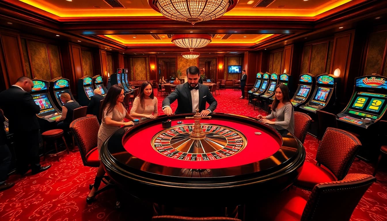 Engaging players at a roulette table in a luxurious casino setting highlighting 33WIN com.