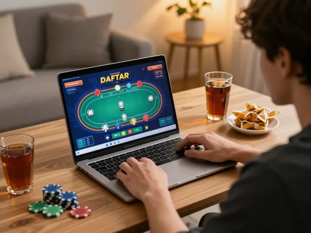 Engaging with JUARA88 DAFTAR for online gaming, showcasing a poker interface on a laptop.