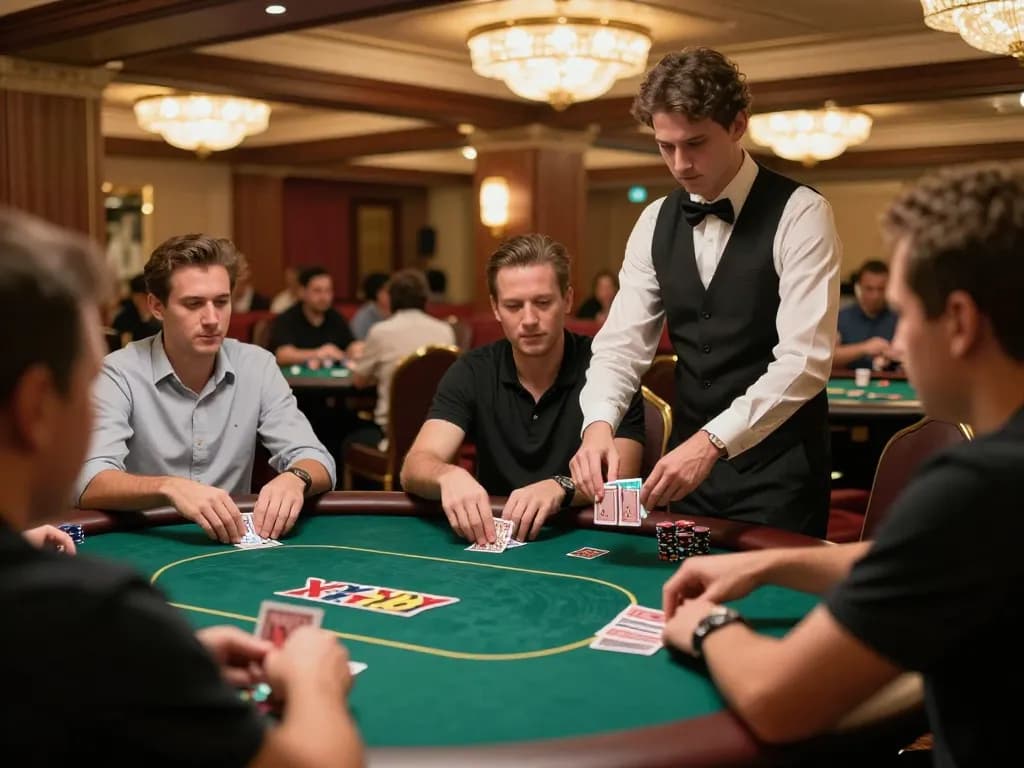 Engaging poker game at xx 88 casino, players focused on their cards, dealer in action.