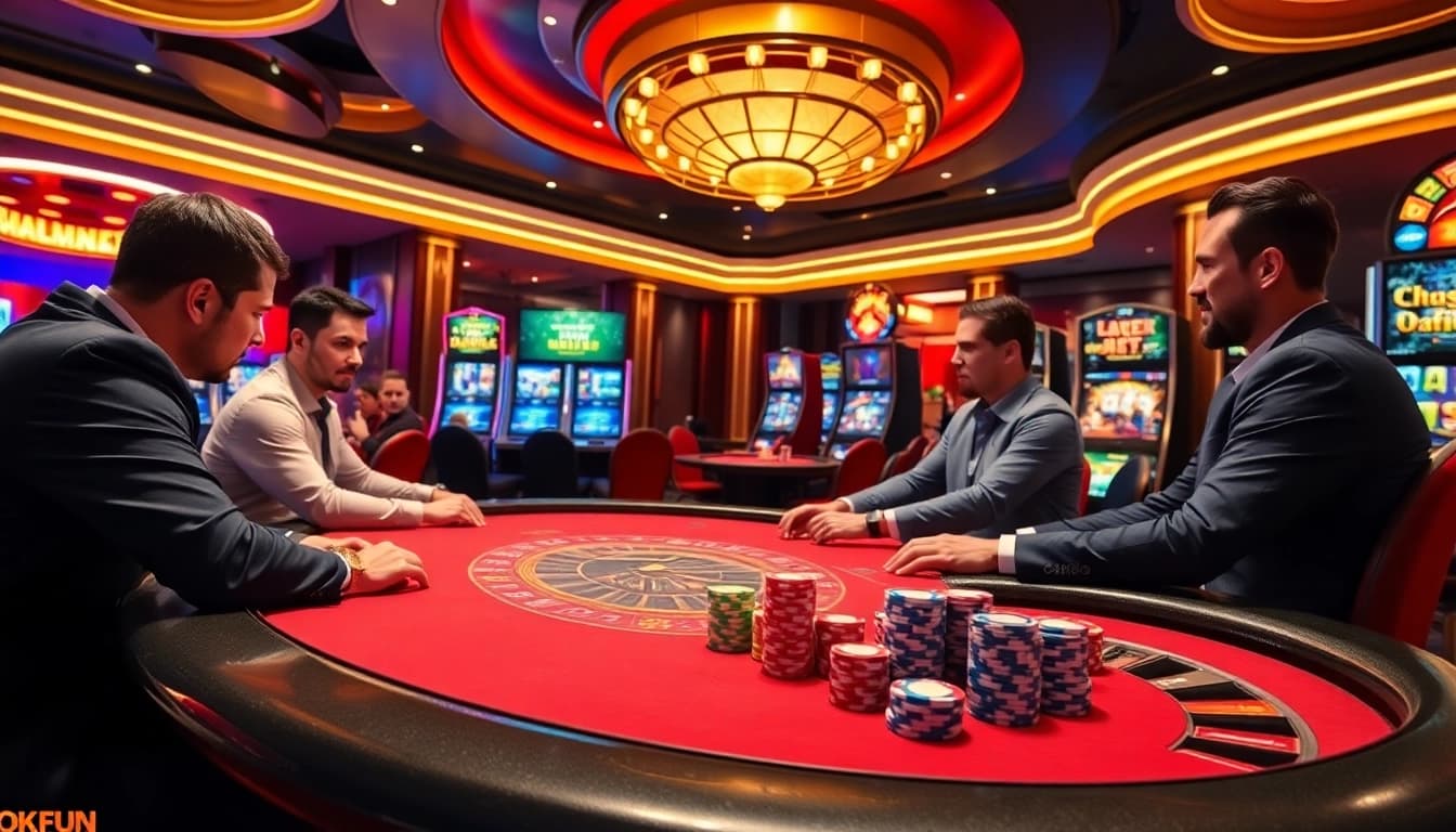 Players enjoying a thrilling game at OKFUN casino, surrounded by vibrant lights and colorful chips.