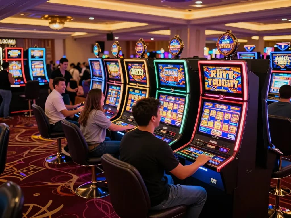 Players enjoying slot 5k games in a lively casino, capturing exciting moments and colorful machines.