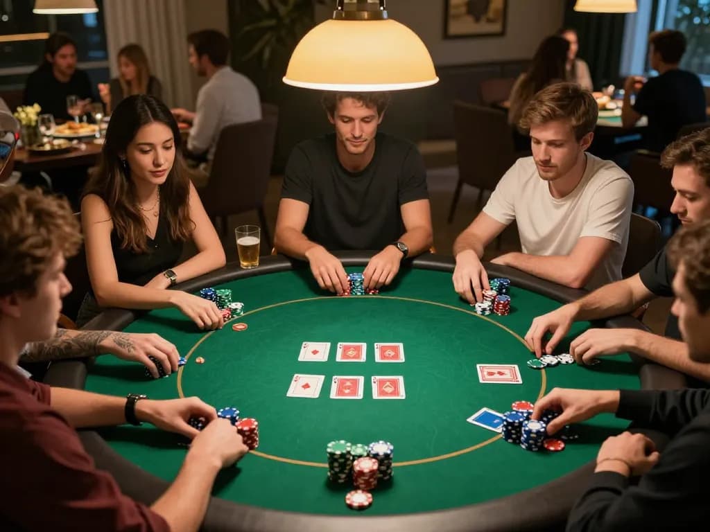 KJC card players engage in a lively poker game night with vibrant chips and community cards.