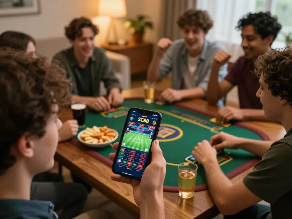 SC88 app displayed on smartphone during an engaging sports betting session with friends cheering nearby.