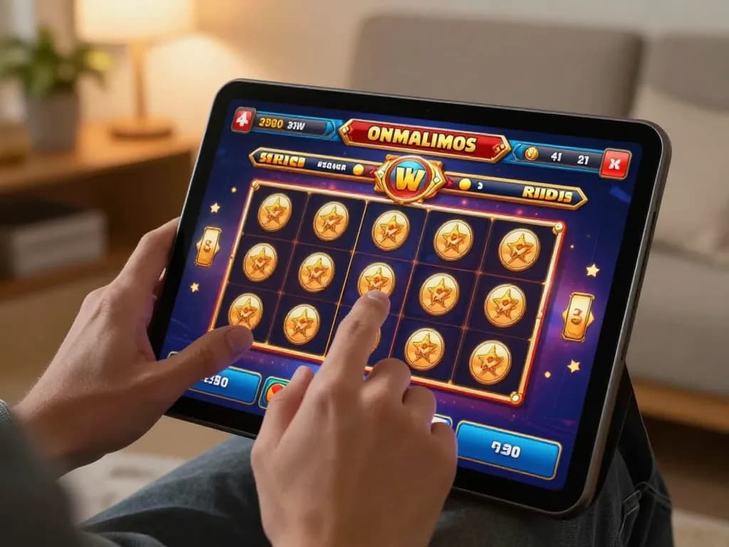Player preparing to spin a slot game on their tablet, illustrating engaging online gaming experience.