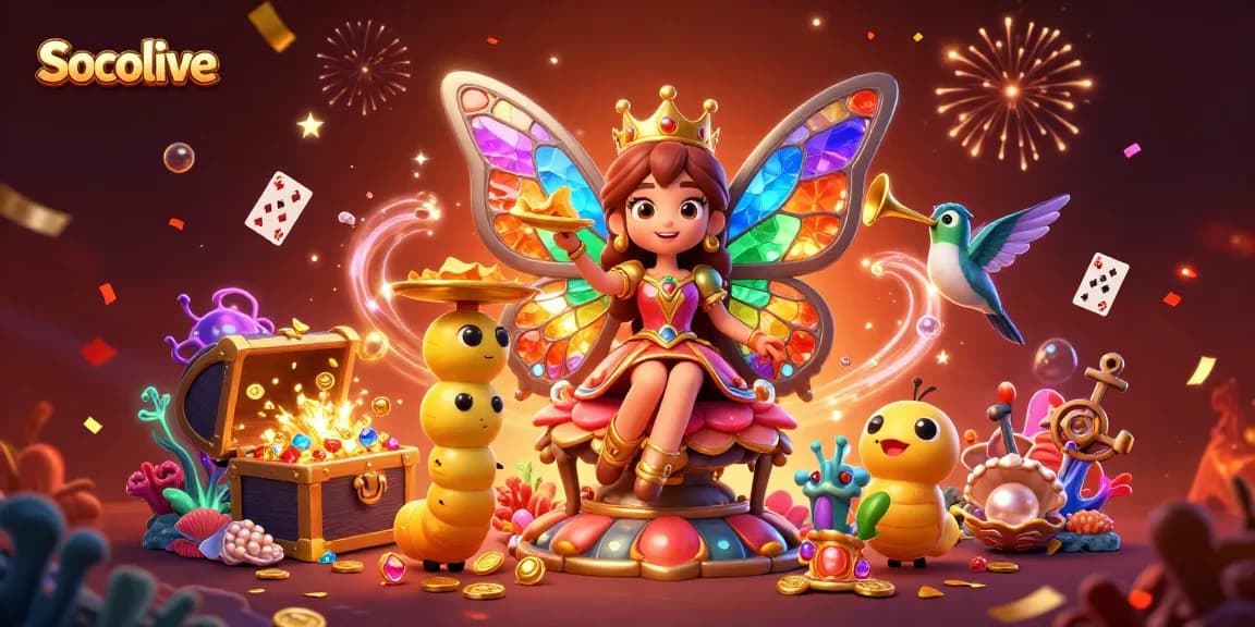 Socolive enhances the gambling experience with vibrant 3D illustration featuring a butterfly queen and rich casino elements.