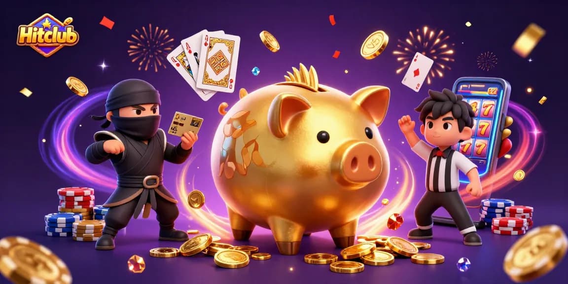 Hitclub gamers enjoy thrilling action with a 3D cartoon golden piggy bank and vibrant casino elements.