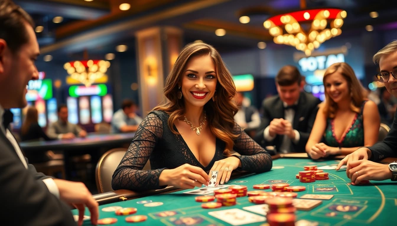 Players enjoying uu娱乐 at a casino blackjack table with vibrant atmosphere.