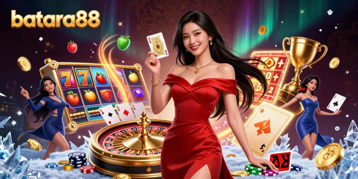 Experience excitement with batara88 featuring a stunning Asian woman holding a winning playing card beside a grand roulette wheel.