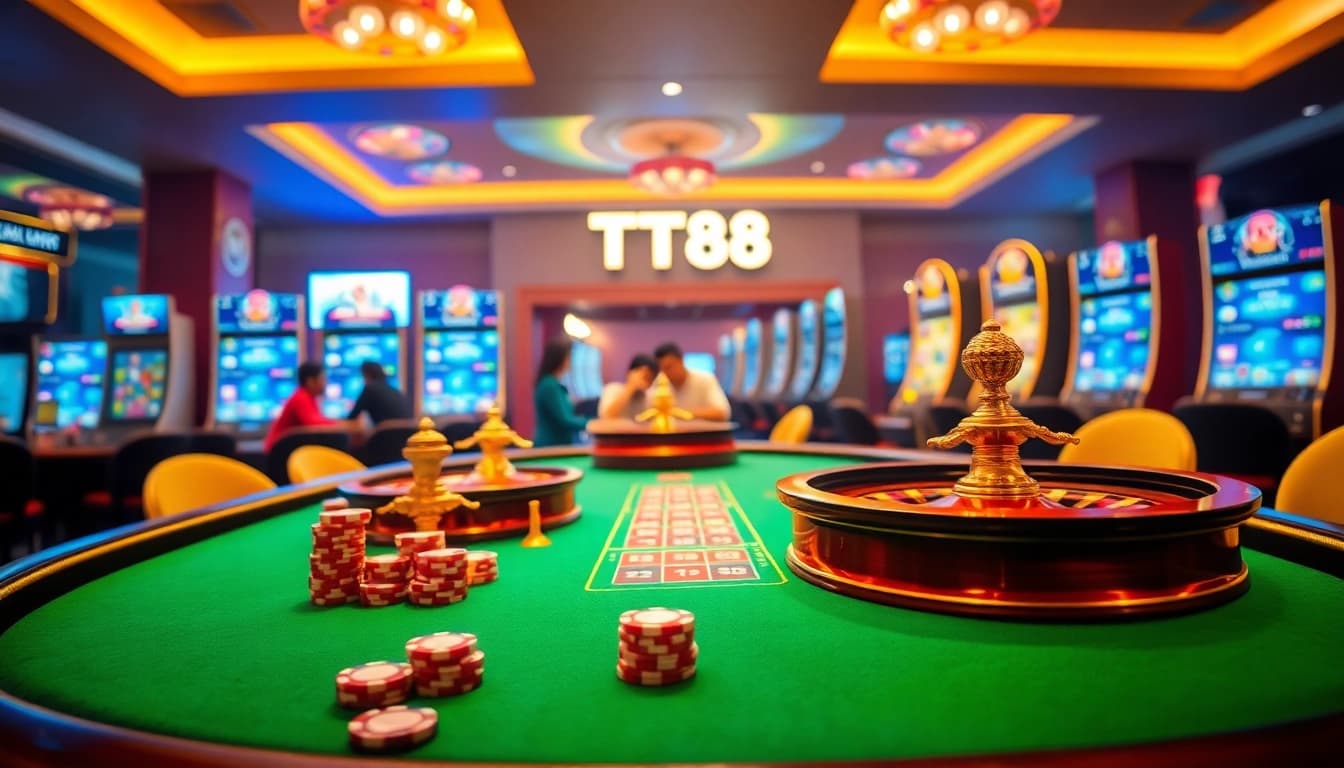 Exciting players enjoying TT88 gambling at a luxurious casino table with poker chips.